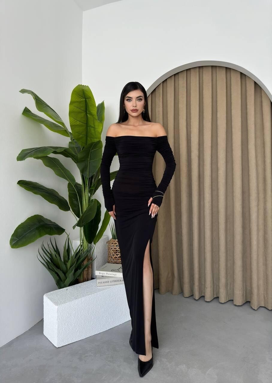 VESTIDO DRAPEADO DE MANGA LARGA - NEGRO