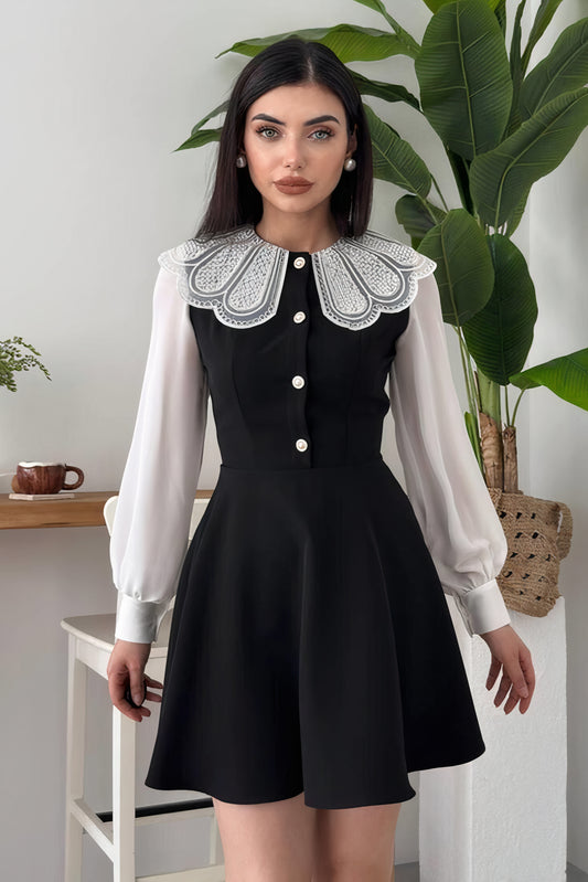 VESTIDO CON CUELLO DE ENCAJE - NEGRO