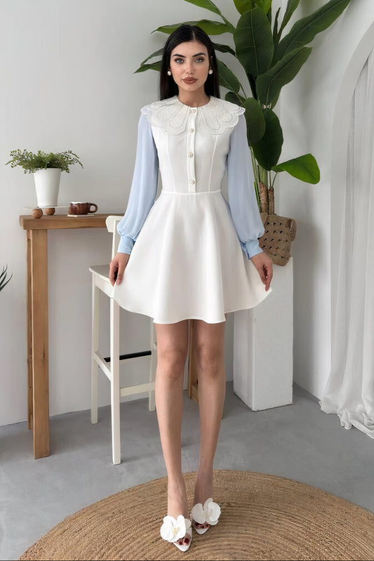 VESTIDO CON CUELLO DE ENCAJE - BLANCO